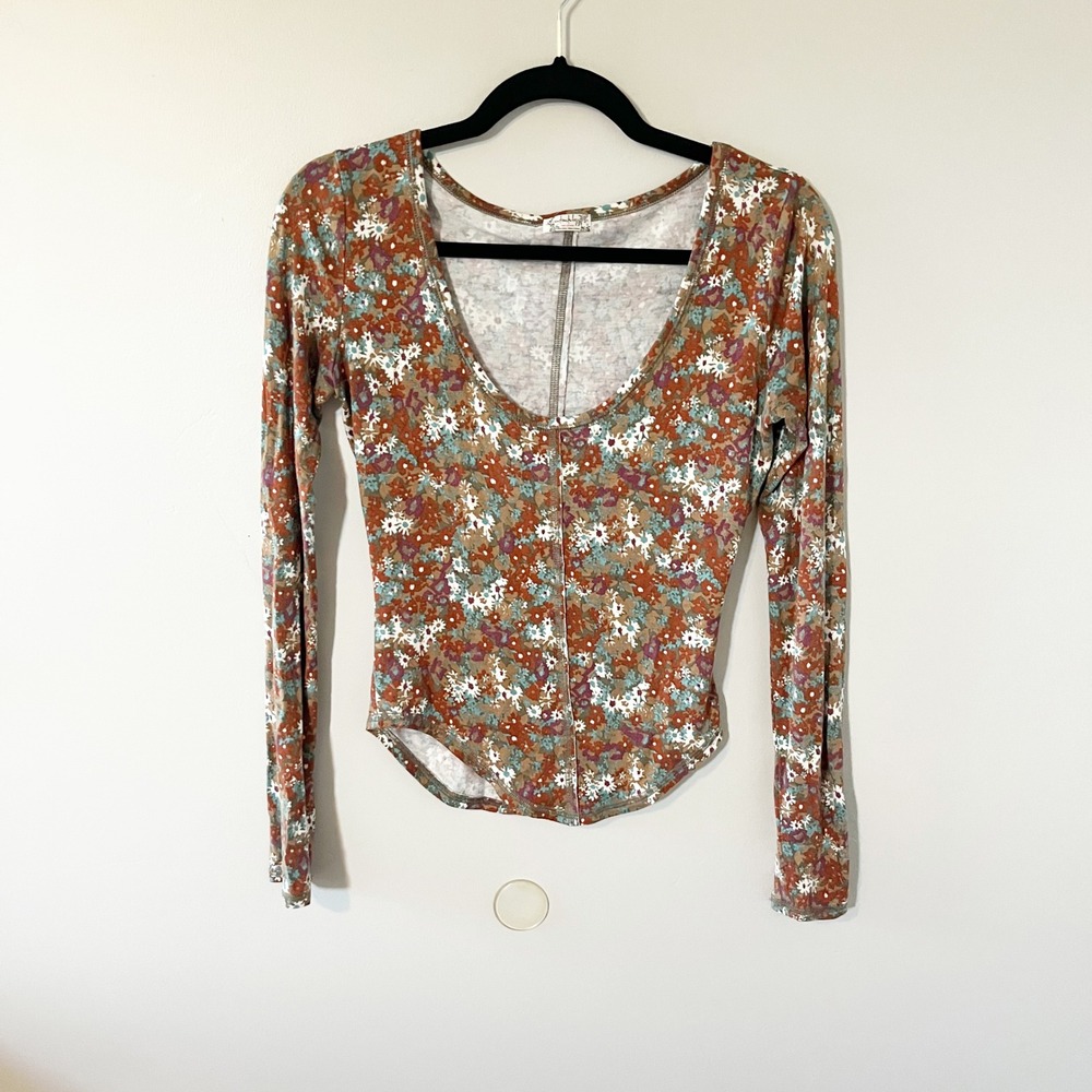 Intimately Free People Floral Long‎ Sleeve Scoop Neck Top Rust XS